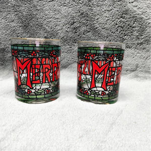 Vintage 1970s Cera Houze Stained Glass Merry Christmas Glasses Tumblers Set of 2